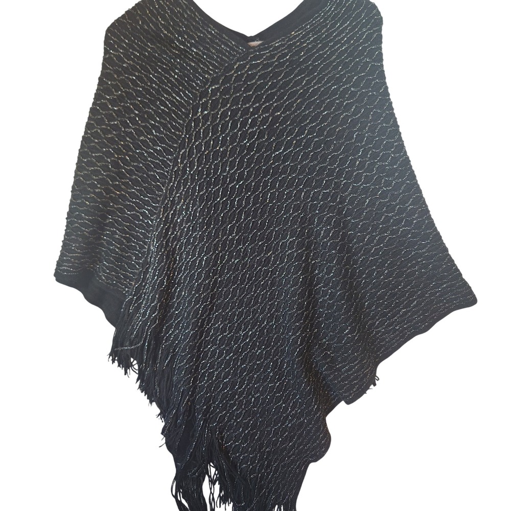 Laura Black Metallic Silver Knit Fringed Poncho Wrap V-Neck One Size